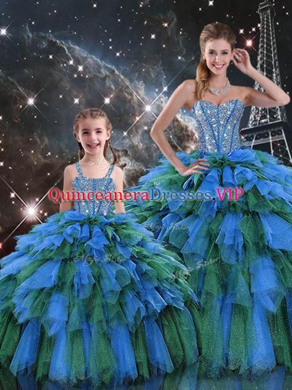 Discount Sweetheart Sleeveless Quinceanera Gowns Floor Length Beading and Ruffles and Ruffled Layers Multi-color Organza - Click Image to Close