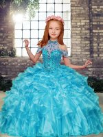 Fashionable Sleeveless Organza Floor Length Lace Up Kids Formal Wear in Aqua Blue with Beading and Ruffles