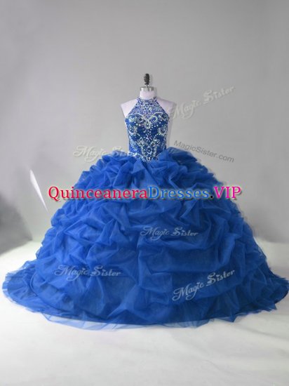 Sleeveless Beading and Pick Ups Lace Up Sweet 16 Dresses with Blue Court Train - Click Image to Close