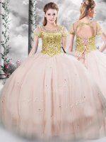 Customized Pink Short Sleeves Beading Floor Length 15 Quinceanera Dress