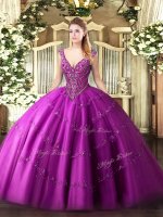 Beading and Appliques Ball Gown Prom Dress Fuchsia Lace Up Sleeveless Floor Length(SKU SJQDDT1418002-2BIZ)