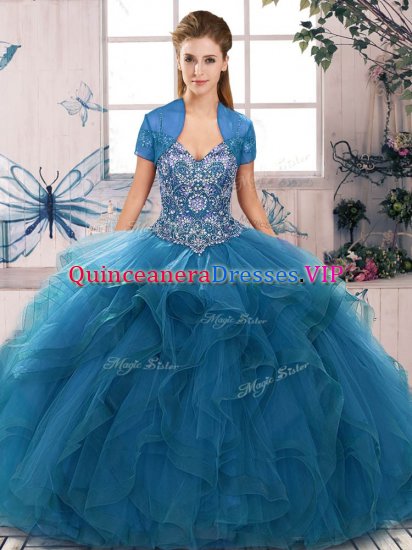 Customized Blue Lace Up Quinceanera Gown Beading and Ruffles Sleeveless Floor Length - Click Image to Close