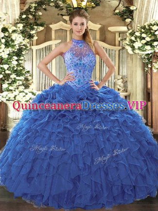 Graceful Beading and Embroidery and Ruffles Quinceanera Gown Blue Lace Up Sleeveless Floor Length