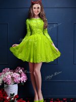 Yellow Green Scalloped Lace Up Beading and Lace and Appliques Dama Dress 3 4 Length Sleeve