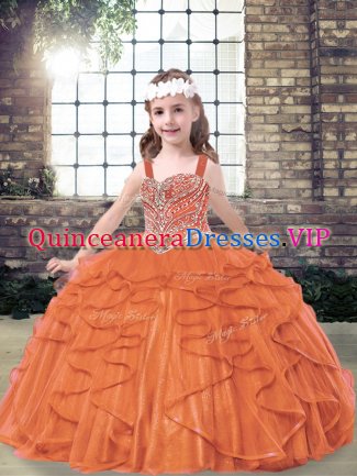 Dramatic Ball Gowns Pageant Dress Wholesale Orange Red Straps Tulle Sleeveless Floor Length Lace Up