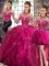 Sleeveless Tulle Floor Length Lace Up Quinceanera Gowns in Fuchsia with Beading and Ruffles