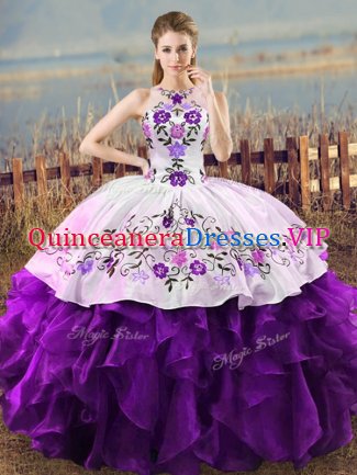 Embroidery and Ruffles 15th Birthday Dress White And Purple Lace Up Sleeveless Floor Length