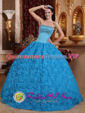 Gorgeous Blue Branford Connecticut/CT Sweet Quinceanera Dress Fabric With Rolling Flowers Ball Gown Strapless Beading Ball Gown