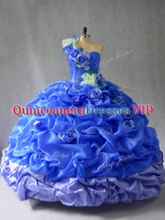 Free and Easy Blue Organza Lace Up Ball Gown Prom Dress Sleeveless Floor Length Pick Ups and Hand Made Flower