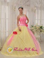 Light Yellow and Baby Pink Hand Made Flowers Sweet Quinceanera Dress For Graduation in Covina CA