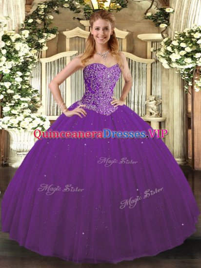 Amazing Purple Quince Ball Gowns Military Ball and Sweet 16 and Quinceanera with Beading Sweetheart Sleeveless Lace Up - Click Image to Close