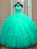 Halter Top Turquoise Sleeveless Beading and Sequins Floor Length Quinceanera Dresses