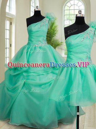 Hot Sale Three Piece Turquoise Quinceanera Gowns Military Ball and Sweet 16 and Quinceanera with Beading and Hand Made Flower One Shoulder Sleeveless Lace Up