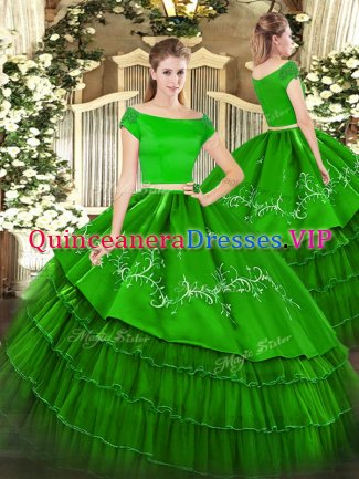 Short Sleeves Zipper Floor Length Embroidery and Ruffled Layers Sweet 16 Quinceanera Dress