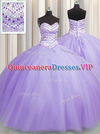 Bling-bling Puffy Skirt Ball Gowns 15 Quinceanera Dress Lavender Sweetheart Tulle Sleeveless Floor Length Lace Up