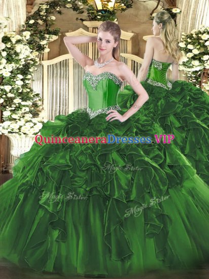 Floor Length Lace Up Quinceanera Gowns Dark Green for Military Ball and Sweet 16 and Quinceanera with Beading and Ruffles - Click Image to Close