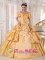 Taffeta Off The Shoulder and Short Sleeves Yellow Quinceanera Dress With Embroidery and Pick-ups In Seabrook New hampshire/NH