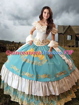 Inexpensive Blue And White Off The Shoulder Neckline Lace and Embroidery and Ruffled Layers 15 Quinceanera Dress Short Sleeves Lace Up