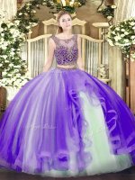 Lavender Two Pieces Scoop Sleeveless Tulle Floor Length Lace Up Beading and Ruffles Sweet 16 Dress