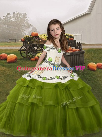 High Quality Olive Green Ball Gowns Embroidery and Ruffled Layers Custom Made Pageant Dress Lace Up Tulle Sleeveless Floor Length - Click Image to Close