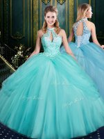 Aqua Blue Halter Top Neckline Beading and Pick Ups 15 Quinceanera Dress Sleeveless Lace Up(SKU SJQDDT962002-1BIZ)