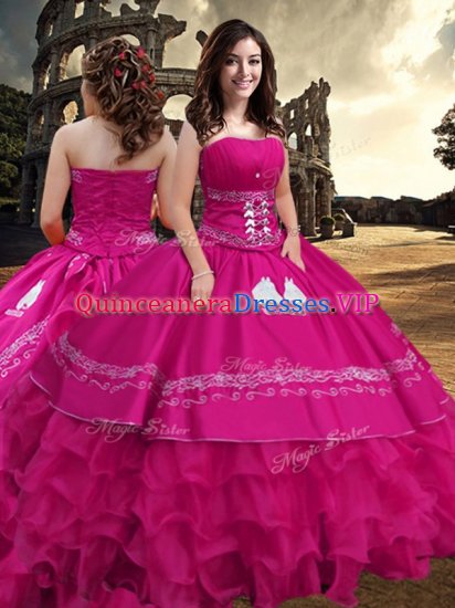 Floor Length Zipper 15 Quinceanera Dress Hot Pink for Military Ball and Sweet 16 and Quinceanera with Embroidery and Ruffled Layers - Click Image to Close