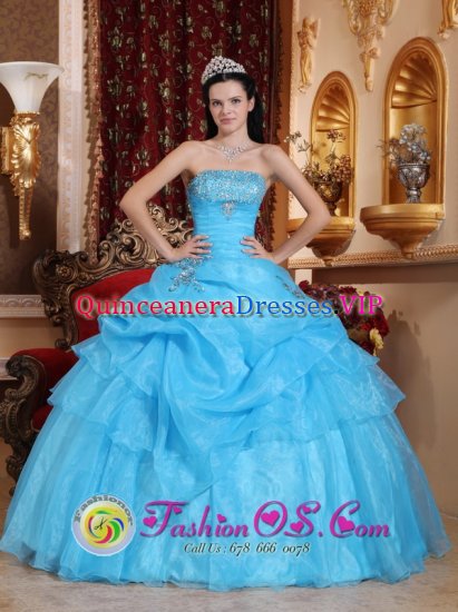 Aqua Blue Appliques Decorate Organza Sweet Quinceanera Dress With Strapless Floor-length - Click Image to Close