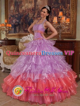 Mount Sterling Kentucky/KY Lavender Halter Discount Quinceanera Dress With Organza Beading For Graduation