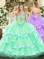 Apple Green 15 Quinceanera Dress Military Ball and Sweet 16 and Quinceanera with Beading V-neck Sleeveless Lace Up(SKU SJQDDT1248002BIZ)