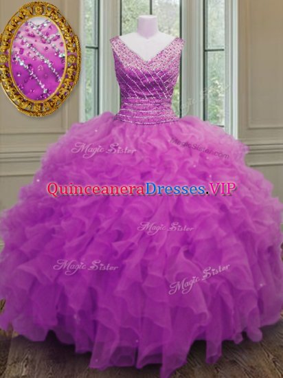 New Style Sleeveless Floor Length Beading and Ruffles Zipper Ball Gown Prom Dress with Fuchsia - Click Image to Close