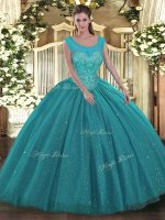 Teal Sleeveless Floor Length Beading Backless Sweet 16 Dresses