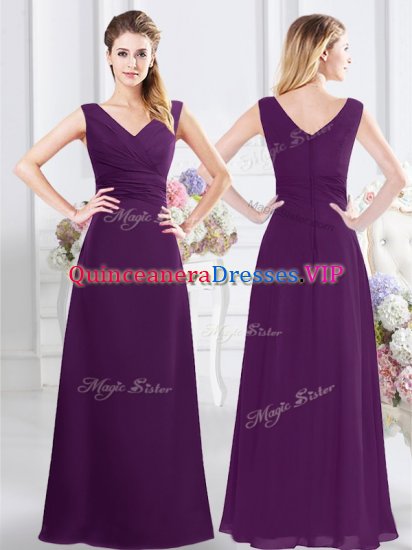 Purple Column/Sheath V-neck Sleeveless Chiffon Floor Length Zipper Ruching Quinceanera Court Dresses - Click Image to Close