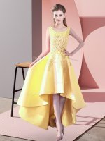 Yellow A-line Scoop Sleeveless Satin High Low Zipper Lace Dama Dress for Quinceanera