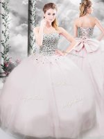 Pink Tulle Lace Up Quince Ball Gowns Sleeveless Brush Train Beading and Bowknot