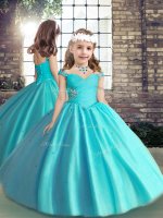 Baby Blue Sleeveless Floor Length Beading and Ruching Lace Up Pageant Dress