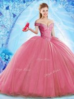 Coral Red Ball Gowns Organza Off The Shoulder Sleeveless Beading Lace Up Ball Gown Prom Dress Brush Train(SKU CDLAPJ007-7BIZ)