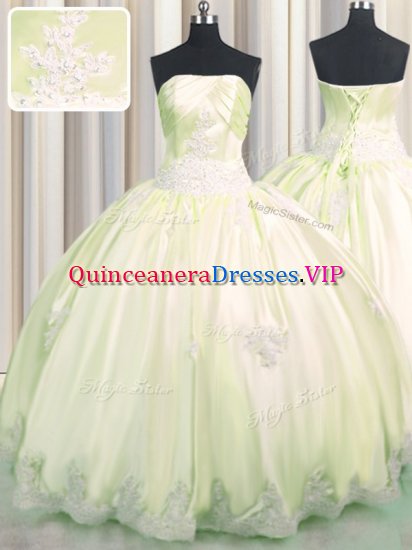 Light Yellow Taffeta Lace Up Strapless Sleeveless Floor Length Ball Gown Prom Dress Beading and Appliques - Click Image to Close