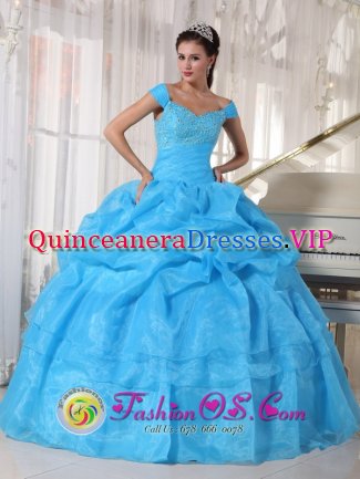 Hohenwald Tennessee/TN Taffeta and Organza Layers Sky Blue Off The Shoulder Quinceanera Dress With Deaded Bodice