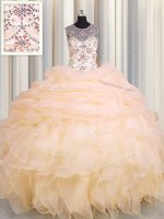 Smart Scoop See Through Sleeveless Organza Floor Length Lace Up Quinceanera Dress in Peach with Beading and Ruffles and Pick Ups