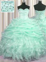 Apple Green Organza Lace Up Quinceanera Dress Sleeveless With Train Sweep Train Beading and Ruffles and Pick Ups