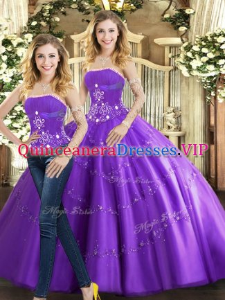 Smart Purple Tulle Lace Up Strapless Sleeveless Floor Length Vestidos de Quinceanera Beading