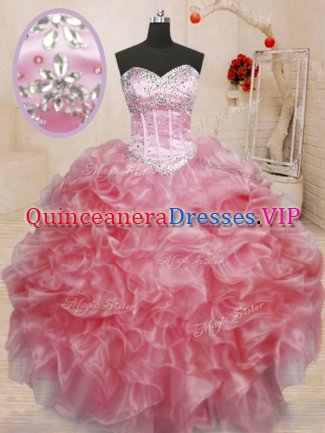 Sleeveless Organza Floor Length Lace Up Sweet 16 Quinceanera Dress in Baby Pink with Beading