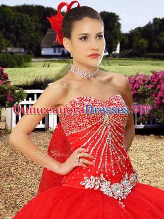 Sweetheart Sleeveless Tulle Quince Ball Gowns Beading and Lace Watteau Train Lace Up