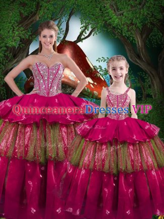 Vintage Fuchsia Ball Gowns Organza Sweetheart Sleeveless Beading and Ruffled Layers Floor Length Lace Up Quinceanera Dresses