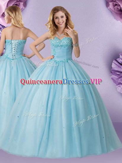 Light Blue Ball Gowns Tulle Sweetheart Sleeveless Beading Floor Length Lace Up Quince Ball Gowns - Click Image to Close