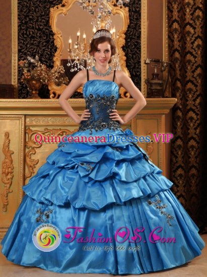 Ball Gown Lovely Blue Pick-ups Quinceanera Dress With Straps Taffeta Appliques In Oklahoma - Click Image to Close