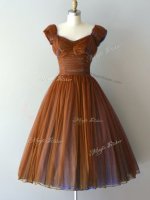 High Class Brown Cap Sleeves Ruching Knee Length Damas Dress