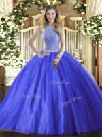 Luxury Beading Sweet 16 Quinceanera Dress Blue Lace Up Sleeveless Floor Length