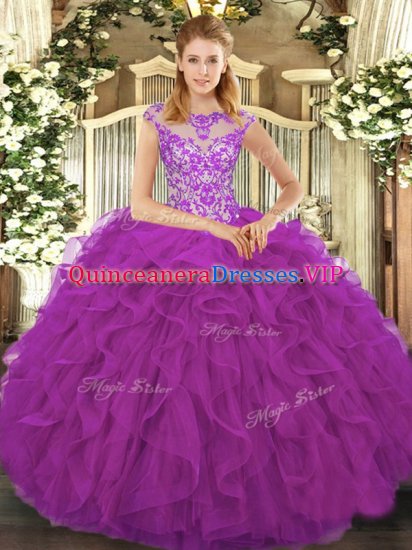 Eggplant Purple Cap Sleeves Floor Length Beading and Ruffles Lace Up Quinceanera Dress - Click Image to Close