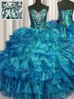 Teal Ball Gowns Sweetheart Sleeveless Organza Floor Length Lace Up Beading and Ruffles Quinceanera Dresses(SKU PSSW0409-4BIZ)